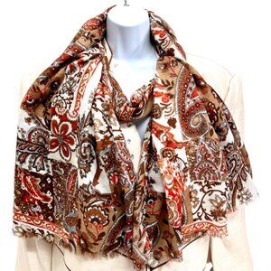 Vintage  MOONBAT Scarf cotton 66"x31" brown beige red flora paisley, Fringed(71